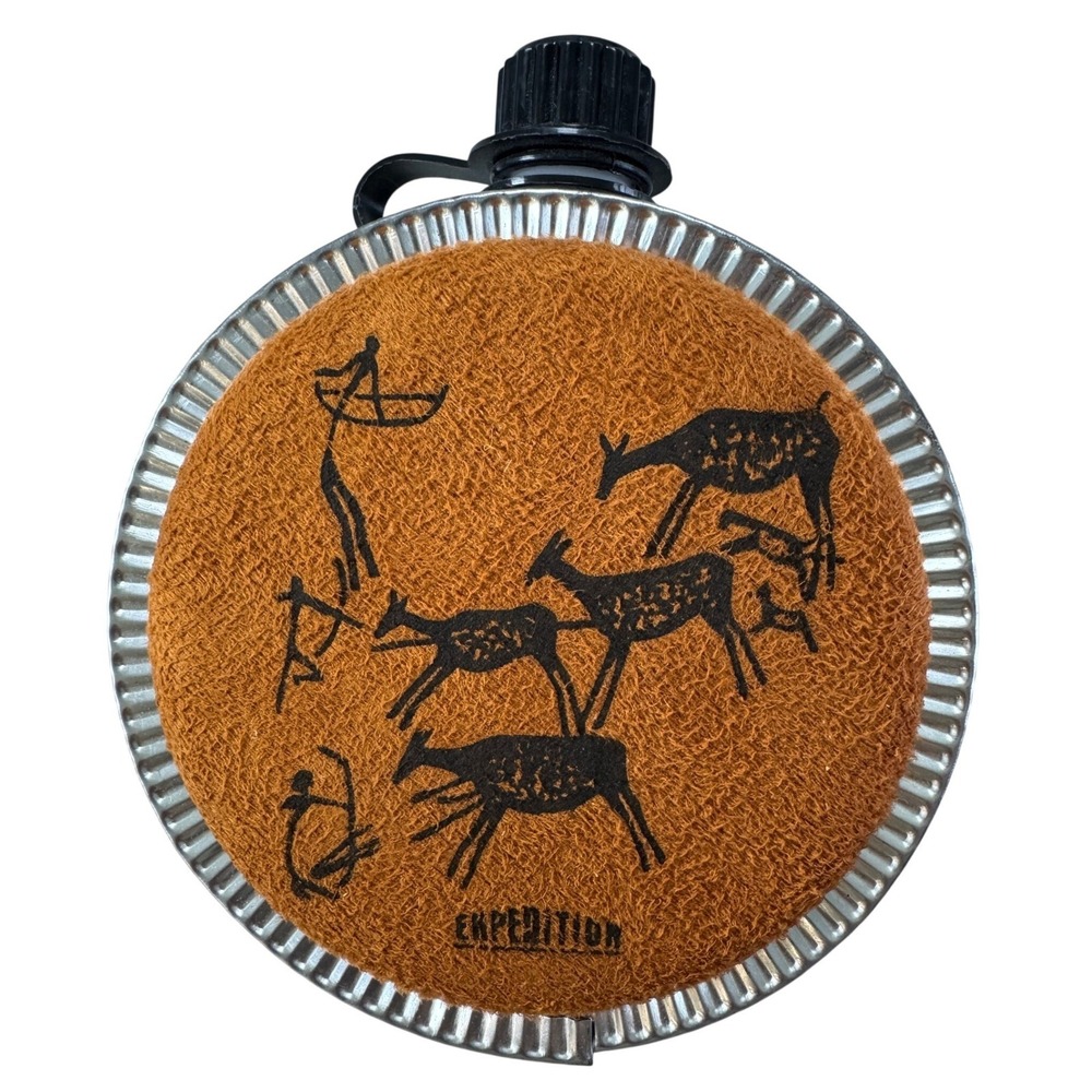 Expedition Vintage Style Round Aluminum Canteen Brown Fabric Hunting Graphic